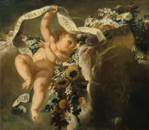 Putto mit Blumengewinde und Spruchband Oil painting by Peter Strudel
