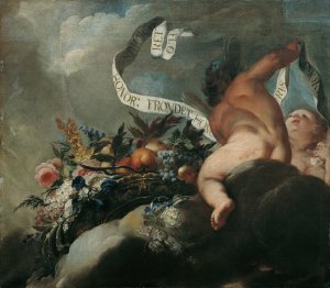 Zwei Putti mit Blumen, Fruchten und Spruchband by Peter Strudel Oil Painting