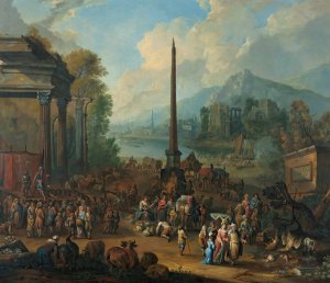 A Harbour Scene With Numerous Figures Attending Market by Peter Tillemans Oil Painting