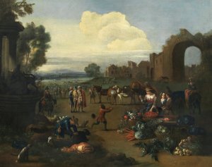 A market scene with a river landscape beyond by Peter Tillemans Oil Painting