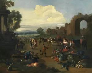 A market scene with a river landscape beyond by Peter Tillemans Oil Painting
