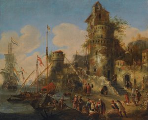 A Mediterranean Harbour Capriccio by Peter Van De Velde Oil Painting