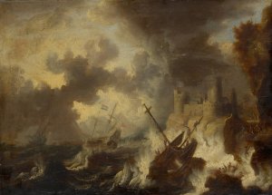 Tempest with Shipwreck in front of a Coastal Fortress by Peter Van De Velde Oil Painting