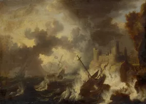 Tempest with Shipwreck in front of a Coastal Fortress by Peter Van De Velde Oil Painting