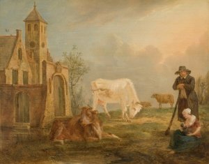 Landscape with Peasants and Cows by Peter Van Regemorter Oil Painting