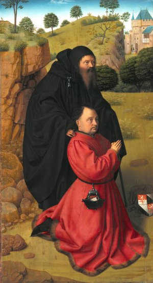 Altar Panel with a Portrait of a Donor in Scarlet under the Protection of St Anthony by Petrus Christus Oil Painting