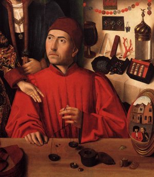 St Eligius in His Workshop Oil painting by Petrus Christus