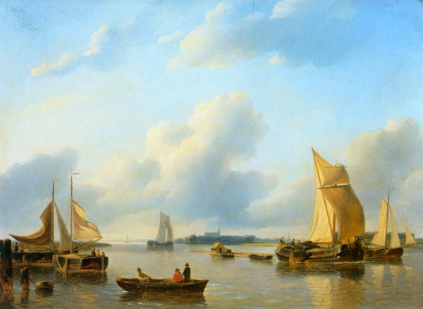Main Product Photo of A River Landscape with Sailing Vessels Painting by Petrus Jan Schotel