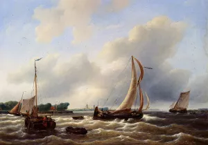 Sailing Vessels on the Zuiderzee by Petrus Jan Schotel - Oil Painting Reproduction