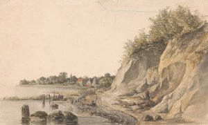 Rotsachtige rivieroever, met op de achtergrond enkele huizen by Petrus Johannes Schotel Oil Painting