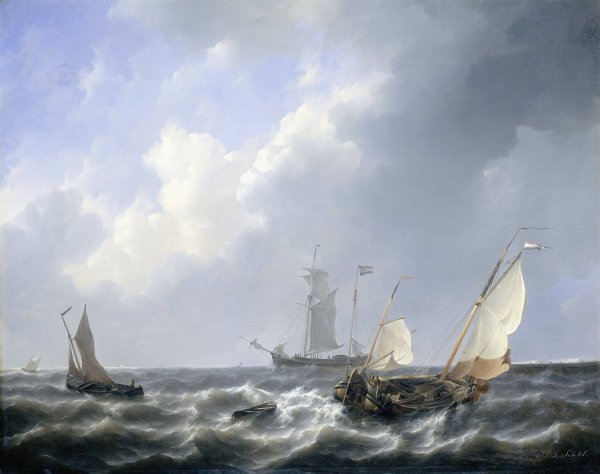 Seascape from the Zeeland Waters, near the Island of Schouwen  by Petrus Johannes Schotel - Hand-Painted Oil Painting Reproduction