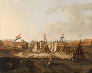 The construction of the Oosterdokssluis, seen from the north by Petrus Kiers Oil Painting