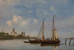 Moored fishing boats with windmills in the background by Petrus Paulus Schiedges Oil Painting