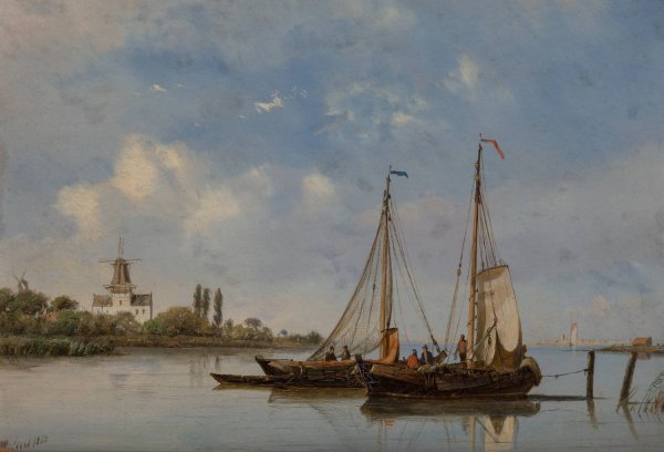 Moored fishing boats with windmills in the background  by Petrus Paulus Schiedges - Hand-Painted Oil Painting Reproduction