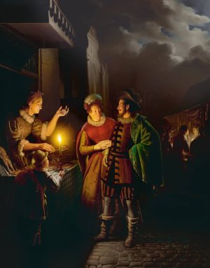 A gingerbread seller by candlelight  by Petrus Van Schendel Oil Painting