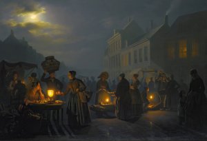 A market at dusk by Petrus Van Schendel Oil Painting