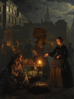 A Moonlit vegetable Market by Petrus Van Schendel Oil Painting