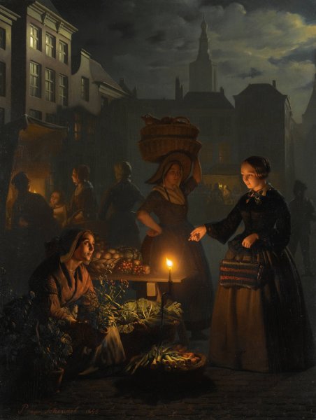 Main Product Photo of A Moonlit vegetable Market  Painting by Petrus Van Schendel