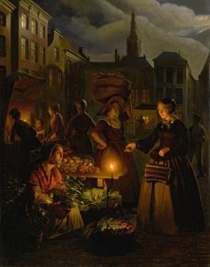A moonlit vegetable market on de Grote Markt, The Hague by Petrus Van Schendel Oil Painting