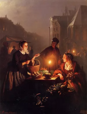 A Moonlit Vegetable Market by Petrus Van Schendel Oil Painting