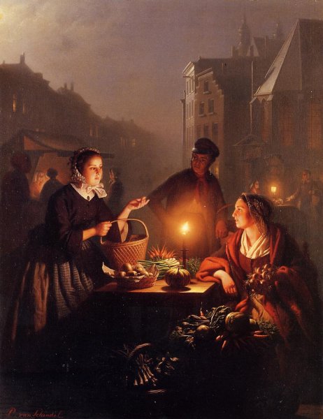 Main Product Photo of A Moonlit Vegetable Market Painting by Petrus Van Schendel