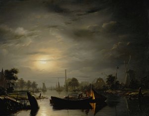 A River Landscape In Silver Moonlight by Petrus Van Schendel Oil Painting
