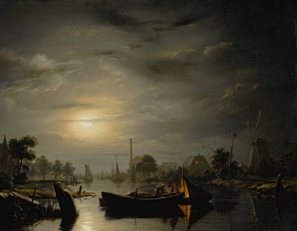 A River Landscape In Silver Moonlight  by Petrus Van Schendel - Hand-Painted Oil Painting Reproduction