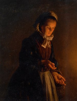 A Servant Girl by Candle Light by Petrus Van Schendel Oil Painting