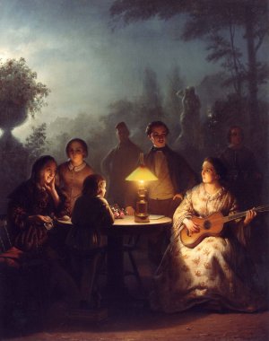 A Summer Evening by Lamp and by Moonlight by Petrus Van Schendel Oil Painting