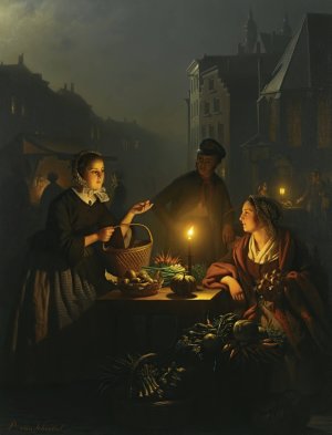 A Vegetable Seller At The Groenmarkt, The Hague by Petrus Van Schendel Oil Painting