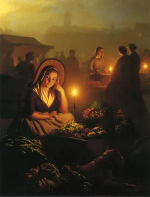 A Young Girl Selling Vegetables at the Night Market with the Dam Palace and the Nieuwe Kerk in the Distance Amsterdam Oil painting by Petrus Van Schendel