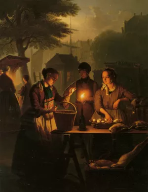 An Evening Market by Petrus Van Schendel Oil Painting