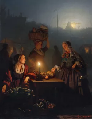 Buying Fruit and Vegetables at the Night Market by Petrus Van Schendel Oil Painting
