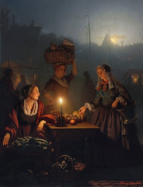 Main Product Photo of Buying Fruit and Vegetables at the Night Market  Painting by Petrus Van Schendel