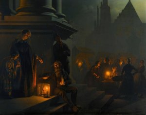 Charity in the night market by Petrus Van Schendel Oil Painting