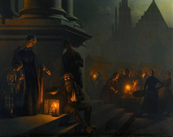 Charity in the night market by Petrus Van Schendel - Hand-Painted Oil Painting Reproduction