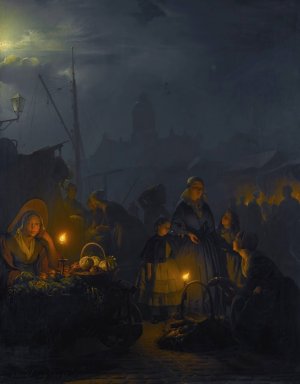 Dutch market by moonlight by Petrus Van Schendel Oil Painting