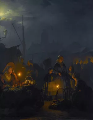 Dutch market by moonlight by Petrus Van Schendel Oil Painting