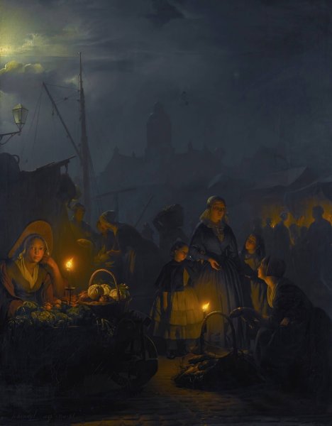 Dutch market by moonlight  by Petrus Van Schendel - Hand-Painted Oil Painting Reproduction