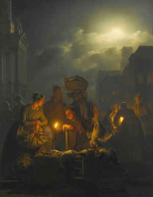 Dutch night market in the Kaasmarkt, Rotterdam by Petrus Van Schendel Oil Painting
