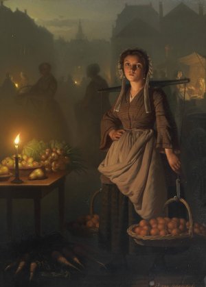Market By Candlelight by Petrus Van Schendel Oil Painting