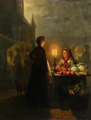 Market Stall by Moonlight by Petrus Van Schendel Oil Painting