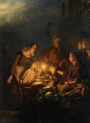 Moonlit Market In The Hague by Petrus Van Schendel Oil Painting