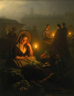 Night-Market In Amsterdam, With The Dam Palace And The Nieuwe Kerk In The Background by Petrus Van Schendel Oil Painting