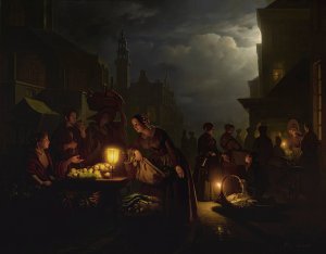 The Candlelit Market by Petrus Van Schendel Oil Painting