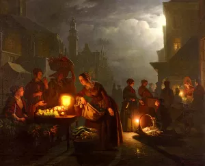 The Candlelit Market by Petrus Van Schendel Oil Painting