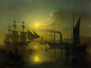 The Moonlit Harbour by Petrus Van Schendel Oil Painting