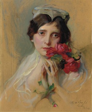 Portrait of a lady wearing a peaked headdress by Philip Alexius De Laszlo Oil Painting