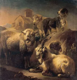 A Goat, Sheep and a Dog Resting in a Landscape