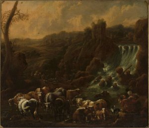 Cattle at the waterfall by Philipp Peter Roos Oil Painting
